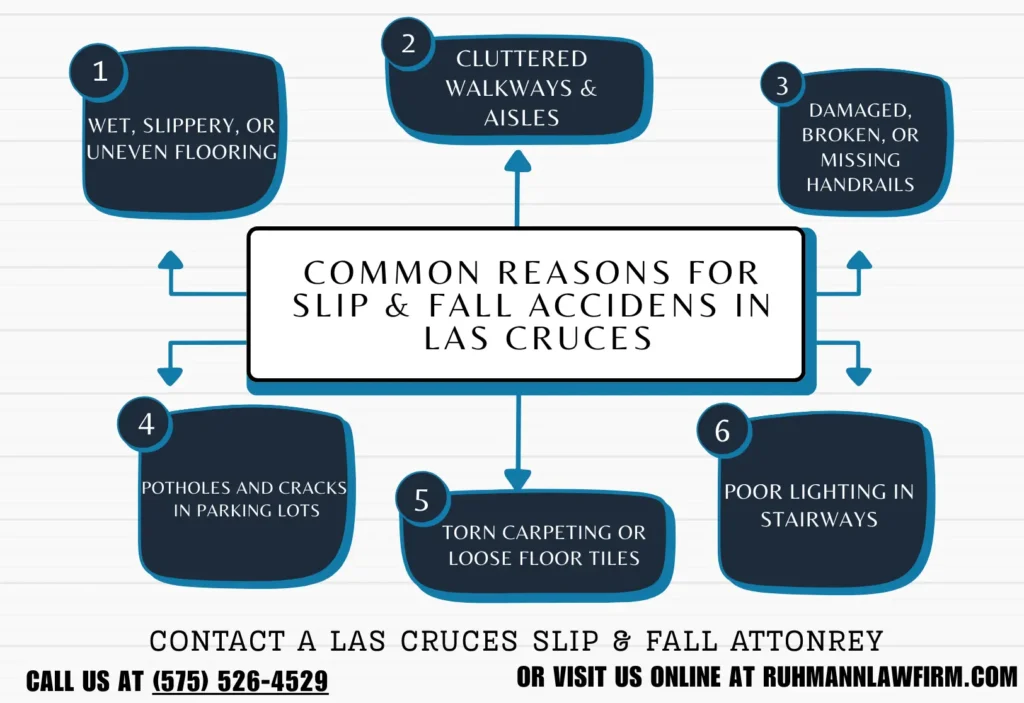 Esta infografía muestra las razones comunes de los accidentes de resbalones y caídas en Las Cruces